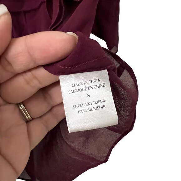 Theory Wine Burgundy Rinoda Chiffon Silk Ruffle 3/4 Sleeve Blouse Top Size Small - Picture 5 of 7